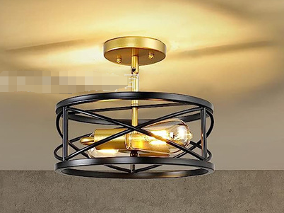 Loftlampe Med Tromleformet Ramme | Sort Metal Semi Flush Konstruktion | LED Belysning Til Stuer Og Spiseområder | Vanero