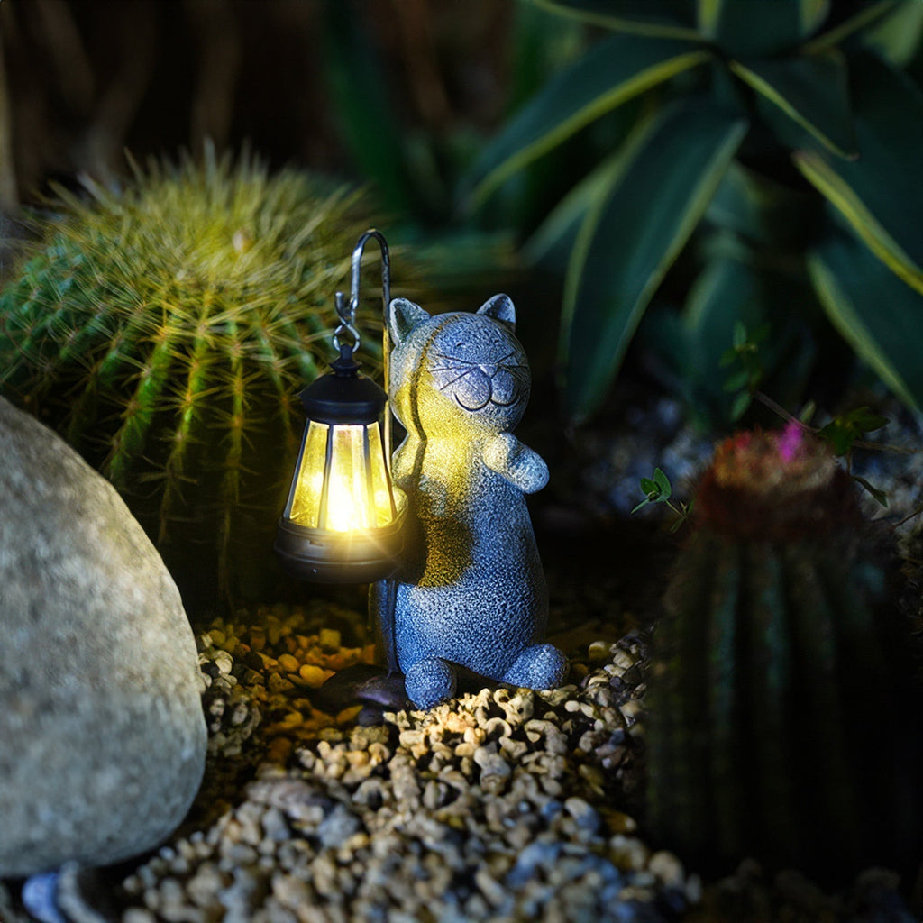 Solcelledrevet Kattefigur Resin Design | Dekorativ LED Lanterne Med Varmt Lys | Terrasse Altan Have & Udendørs Display | Vanero