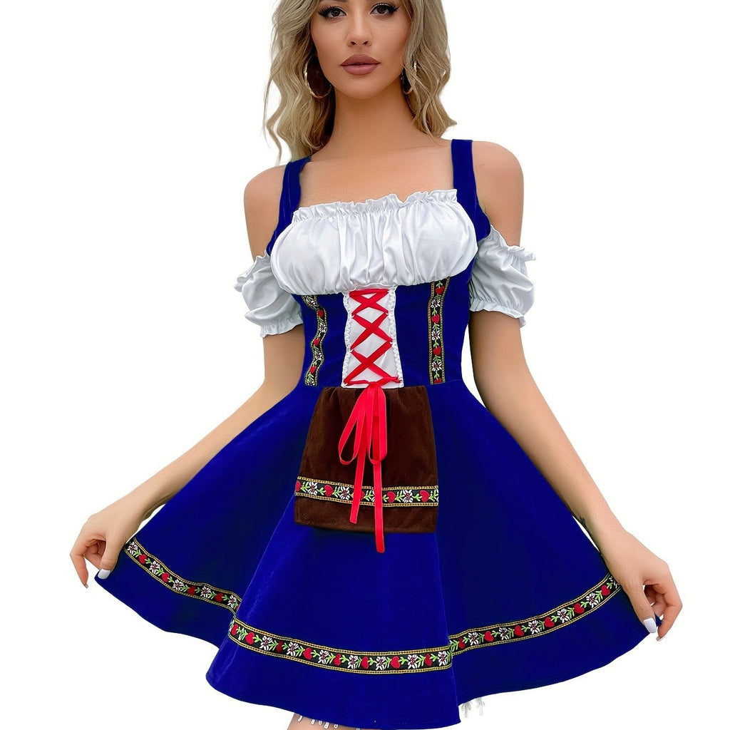 Dame Dirndl Kjole Bomuldsblanding Polyester | Almindelig Pasform Minikjole | Skulderfrit Design Med Snørelukning Til Festivaler | Vanero