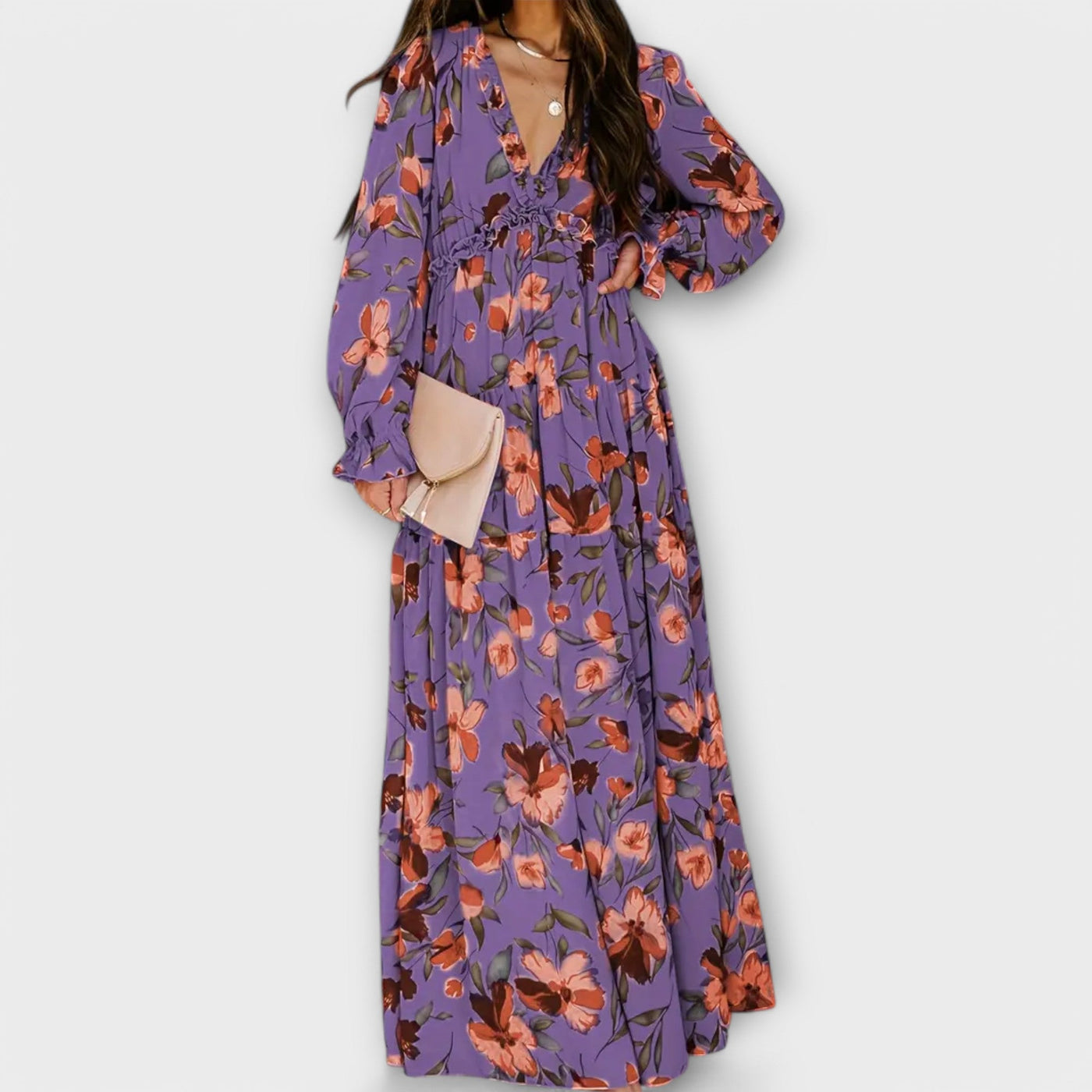 Elle | Blomster V-Hals Maxi Kjole l Vanero