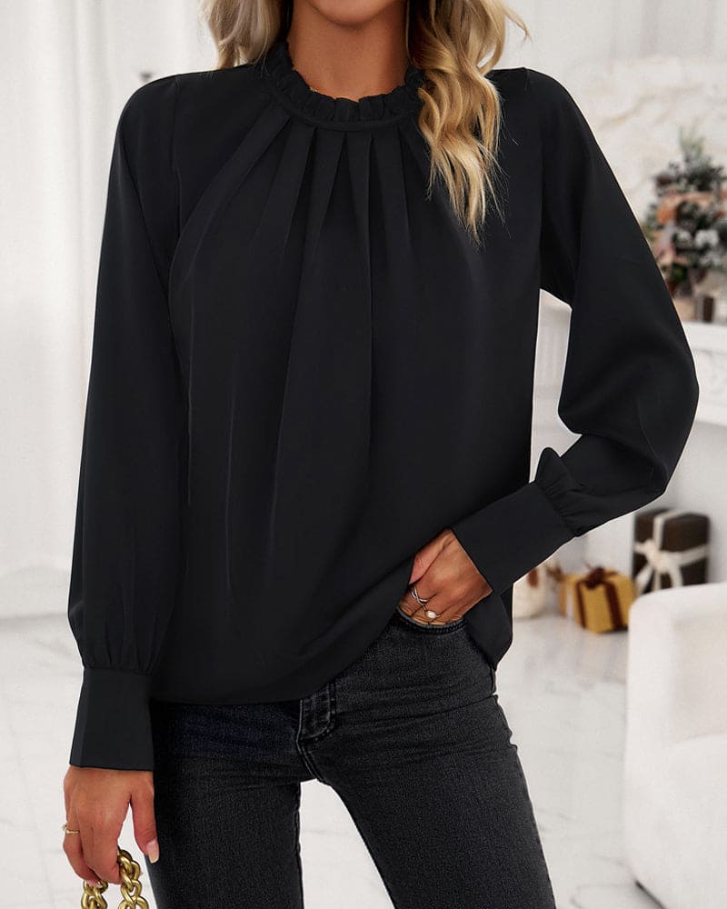 Dame Bluse Tekstilblanding | Almindelig Pasform Bluse | Flæsedetaljer Ved Skuldrene Til Hverdag & Arrangementer | Vanero