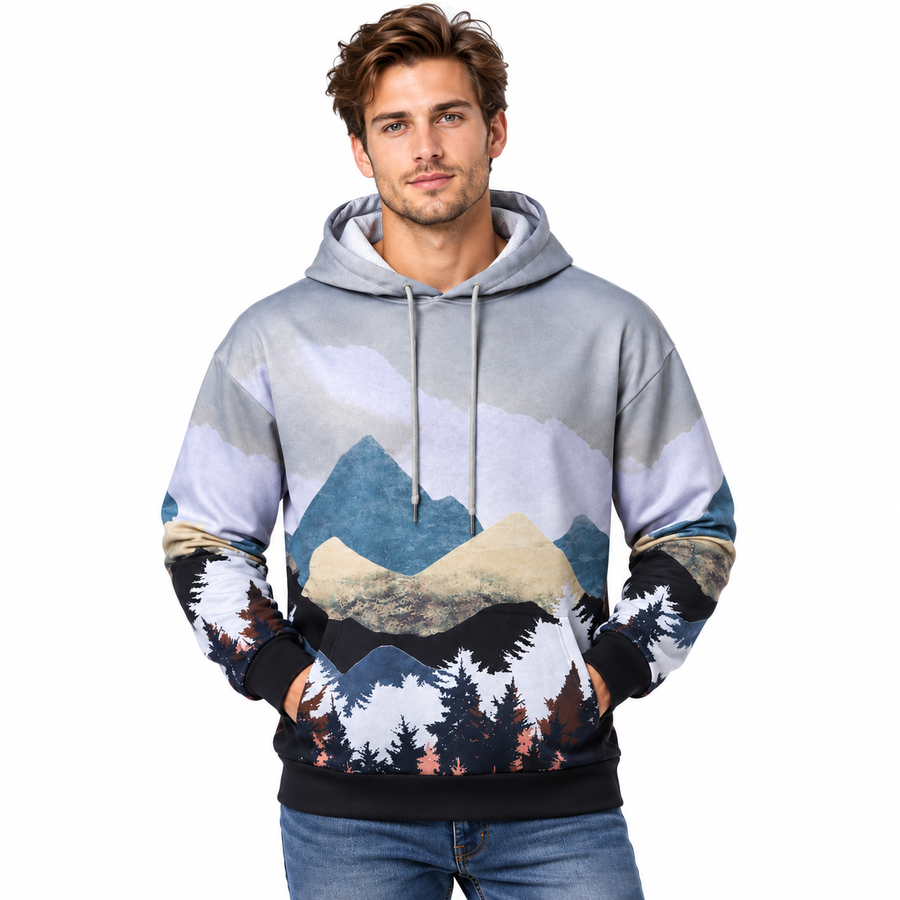 Herre Hoodie Med Naturprint | Hætte Med Snøre & Afslappet Pasform | Pullover Med Bjerg- & Skovmotiv Til Hverdag & Fritid | Vanero