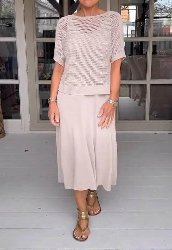 LaceFusion Tekstilmateriale | Regular Fit Kjolesæt | Kjole med Seler & Hulbluse til Hverdagsbrug & Arrangementer | Vanero