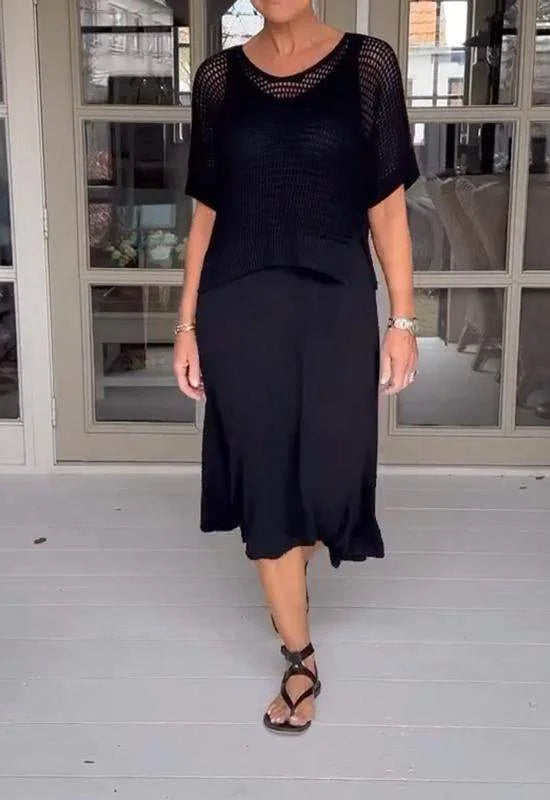 LaceFusion Tekstilmateriale | Regular Fit Kjolesæt | Kjole med Seler & Hulbluse til Hverdagsbrug & Arrangementer | Vanero