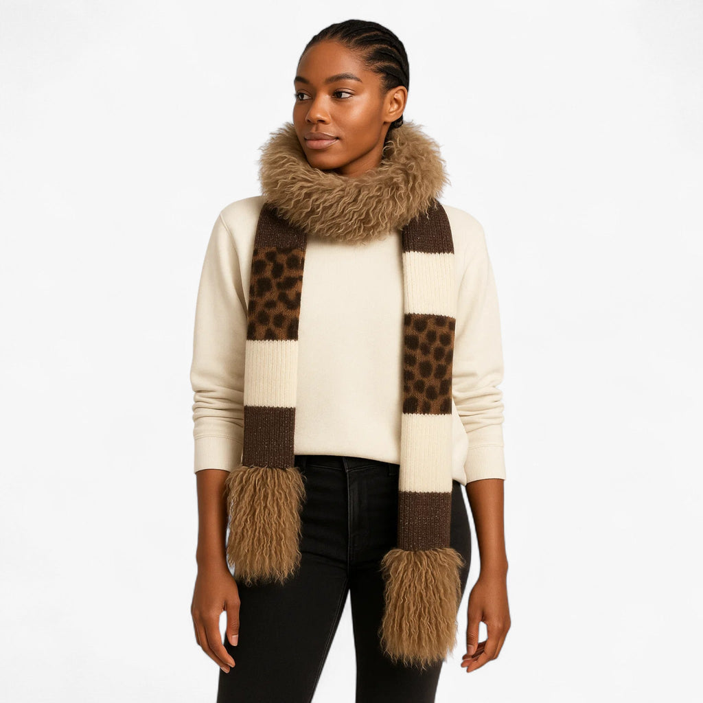 Dame Leopard Strikkesjal | Lysbrun & Cashmere-Look Overflade | Mønstret Sjal Til Hverdagsbrug, Efterår & Vinter | Vanero