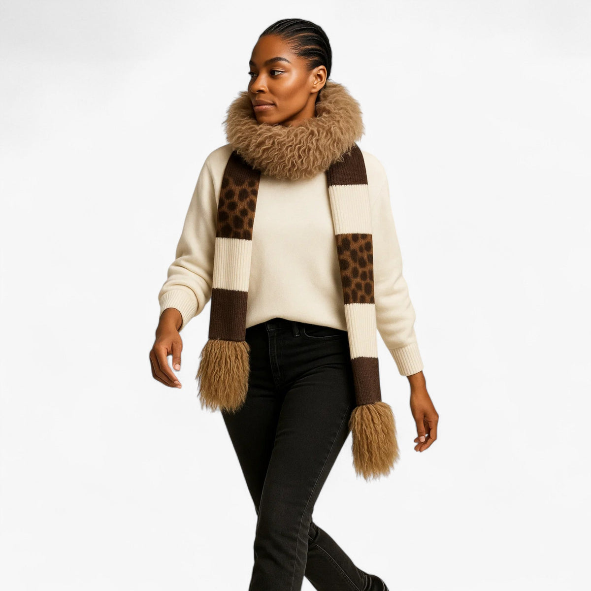 Dame Leopard Strikkesjal | Lysbrun & Cashmere-Look Overflade | Mønstret Sjal Til Hverdagsbrug, Efterår & Vinter | Vanero