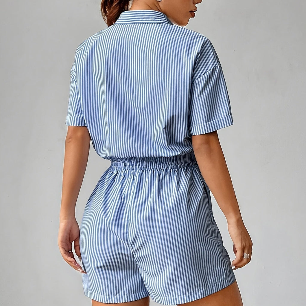 Dame Stribet Sommer Jumpsuit | Kortærmet Jumpsuit Med Knaplukning Og Elastisk Talje | Vanero