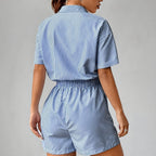 Dame Stribet Sommer Jumpsuit | Kortærmet Jumpsuit Med Knaplukning Og Elastisk Talje | Vanero
