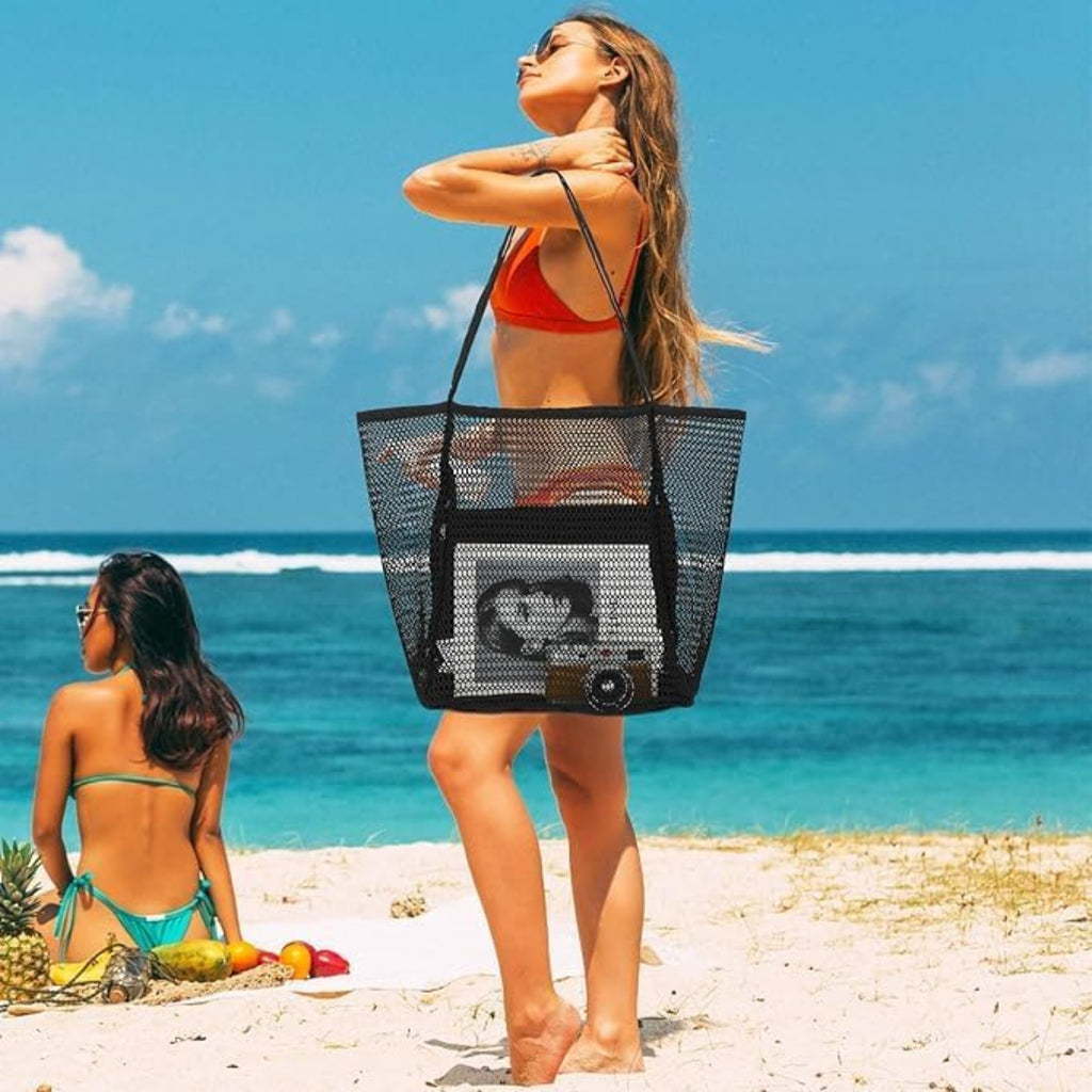 Mesh Strandtaske | Foldbar Nylon Taske Med Indvendig Lynlåslomme | Strand Og Rejsebrug | Vanero