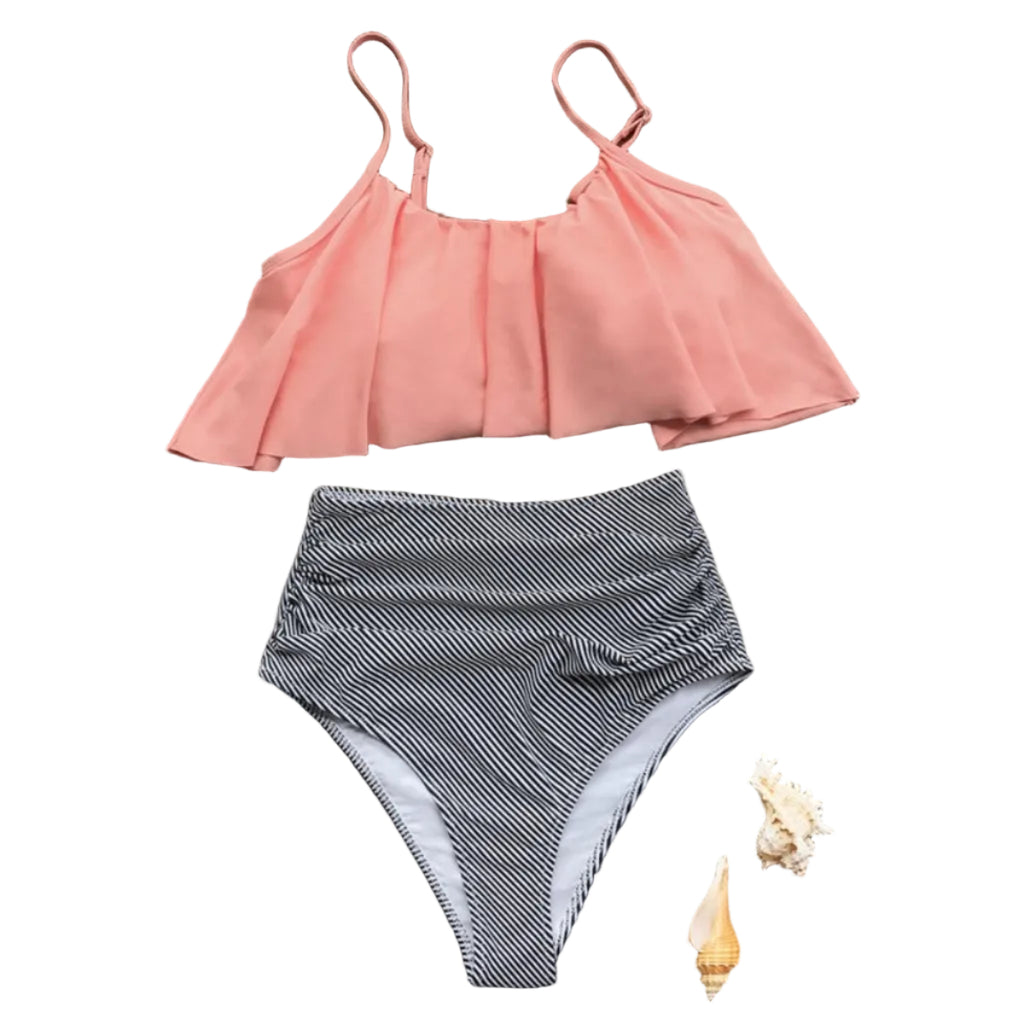 Damebadetøj Tekstilmateriale | Regular Fit Todelt Bikini Sæt | Flæsedesign & Højtaljet Underdel til Strand & Poolbrug | Vanero