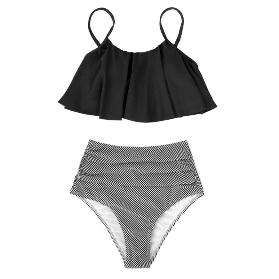 Damebadetøj Tekstilmateriale | Regular Fit Todelt Bikini Sæt | Flæsedesign & Højtaljet Underdel til Strand & Poolbrug | Vanero