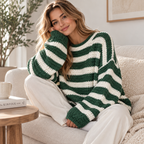 Dame Stribet Striktrøje | Oversized Pasform & Rund Hals | Tekstureret Sweater Med Brede Lange Ærmer Til Hverdag & Fritid | Vanero