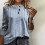 Dame Sweatshirt Bomuld-Polyester Blanding | Relaxed Fit Stribet Sweatshirt | Knapdetaljer & Rund Hals til Forår, Efterår & Vinter | Vanero
