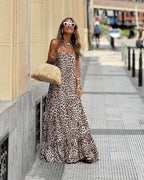 Dame Kjole Let Tekstilmateriale | Afslappet Pasform Maxikjole | Halterneck Leopardprint Til Sommer & Arrangementer | Vanero