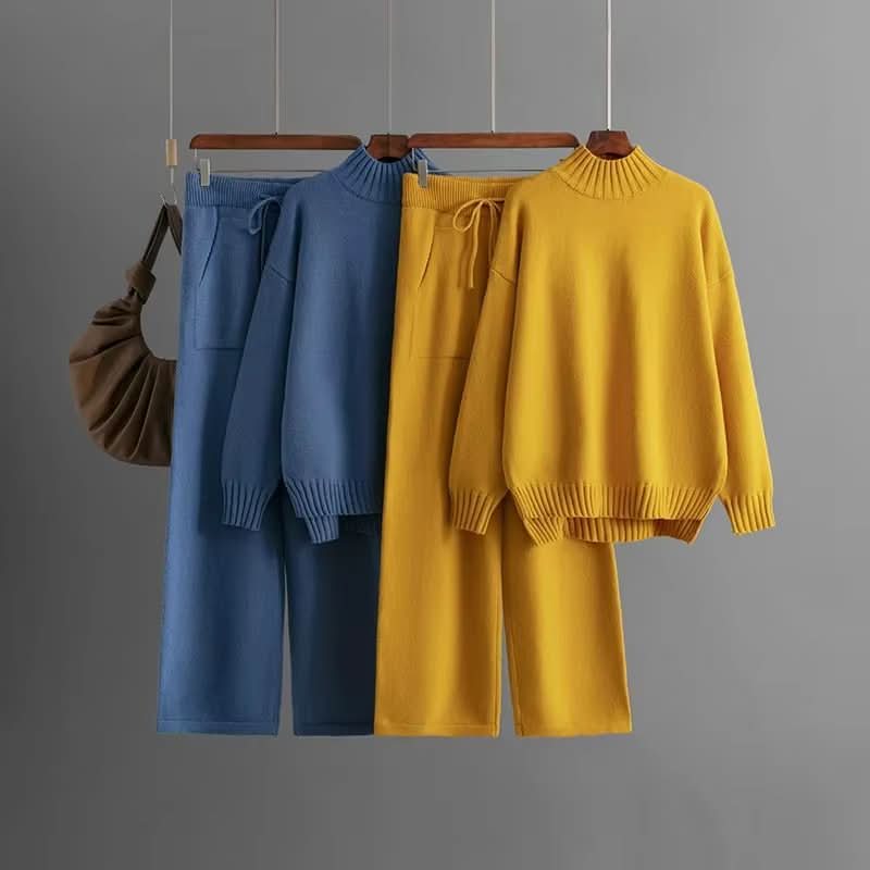 Loungesæt Polyester Strik | Afslappet Pasform Todelt Sæt | Højhalset Sweater & Bukser til Hjemme- & Fritidsbrug | Vanero