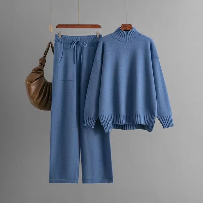 Loungesæt Polyester Strik | Afslappet Pasform Todelt Sæt | Højhalset Sweater & Bukser til Hjemme- & Fritidsbrug | Vanero
