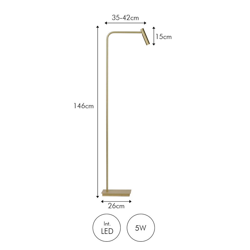 Gulvlampe Med Integreret LED Belysning | Metalkonstruktion Med Antik Messing Finish | Indendørs Læse & Stemningsbelysning | Vanero