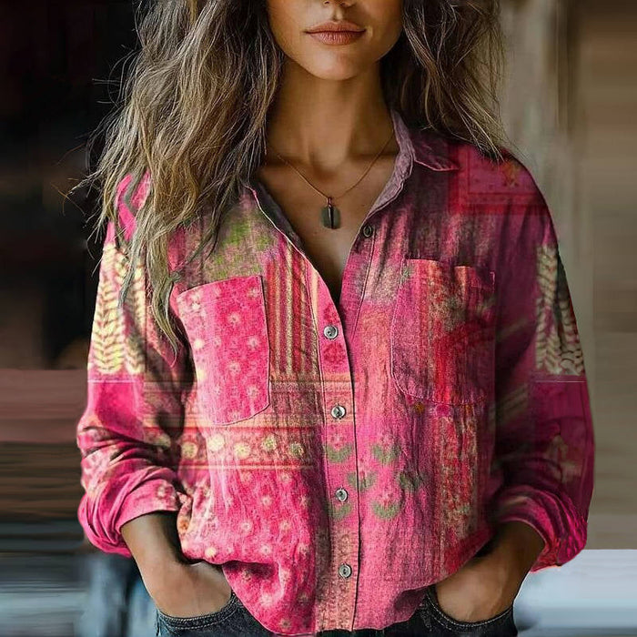 Damebluse Bomuld-Polyester Blanding | Langærmet Vintage-Inspireret Bluse | Krave- & Knapdesign til Forår, Efterår & Vinter | Vanero