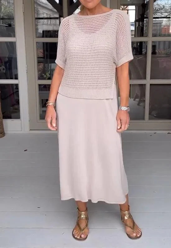 LaceFusion Tekstilmateriale | Regular Fit Kjolesæt | Kjole med Seler & Hulbluse til Hverdagsbrug & Arrangementer | Vanero
