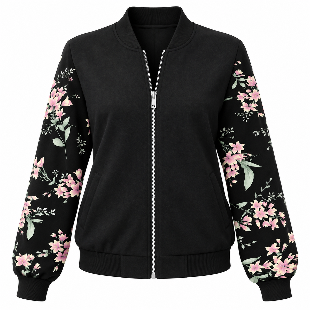 Dame Bomberjakke Med Blomsterærmer | Lynlås & Sidelommer | Langærmet Casual Jakke Til Hverdag, Forår & Efterår | Vanero