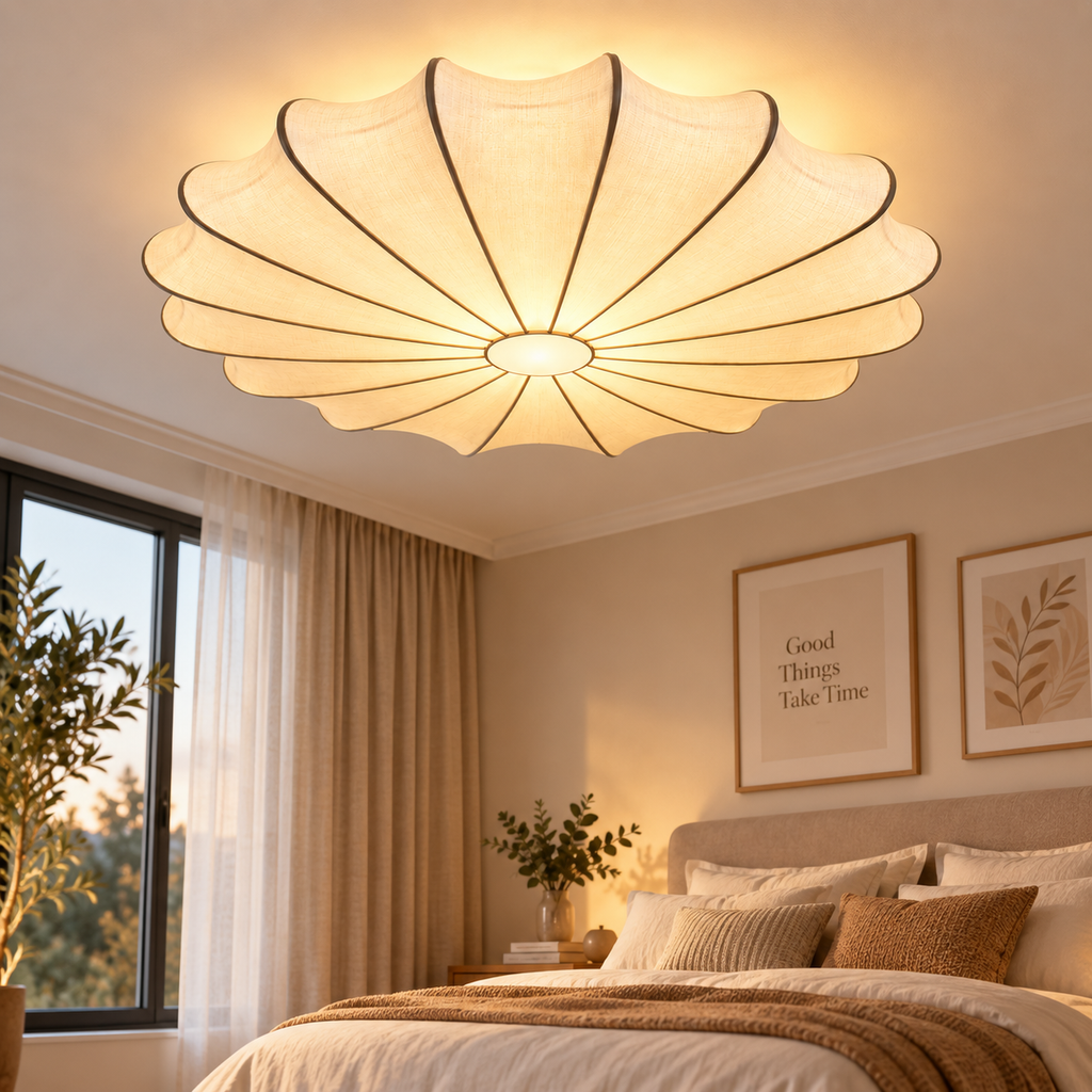 Flush Loftlampe Med Skulpteret Stofskærm | Tekstil & Metalkonstruktion Med E26 E27 Fatning | Indendørs Rumbelysning | Vanero