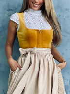 Dame Dirndl Kjole Tekstilmateriale | Almindelig Pasform Midikjole | Blondebluse Med Forklædeskørt Til Festivaler & Arrangementer | Vanero