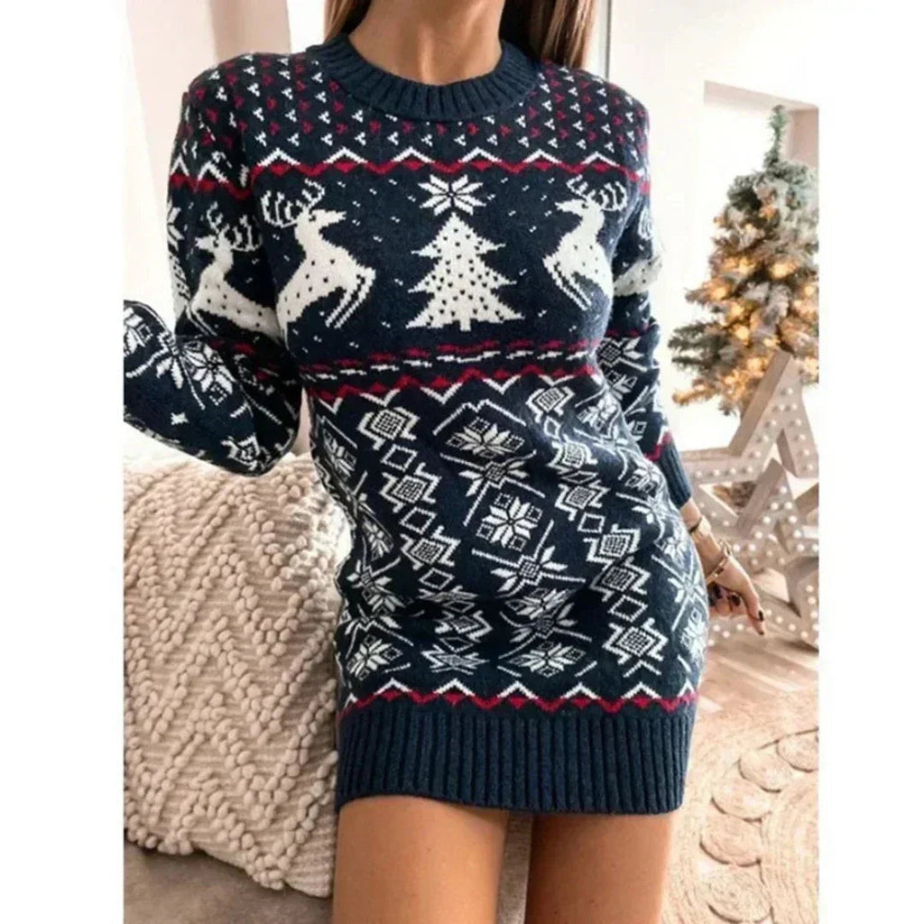 Juleminikjole Til Dame | Rensdyr-, Snefnug- & Juletræsmønster | Elastisk Strik, Slim Fit, Lange Ærmer & Ribkanter | Vanero