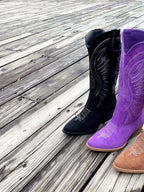 Western-Cowboystøvler Til Dame | Mat Suede-Look & Kontrastbroderi | Halvhøjt Skaft, Spids Tå, Slip-On & Blokhæl | Vanero