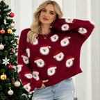 Julestriktrøje Til Dame | Gennemgående Julemandsmønster & Løs Pasform | Rundhalset Pullover Til Julefester & Vinterbrug | Vanero
