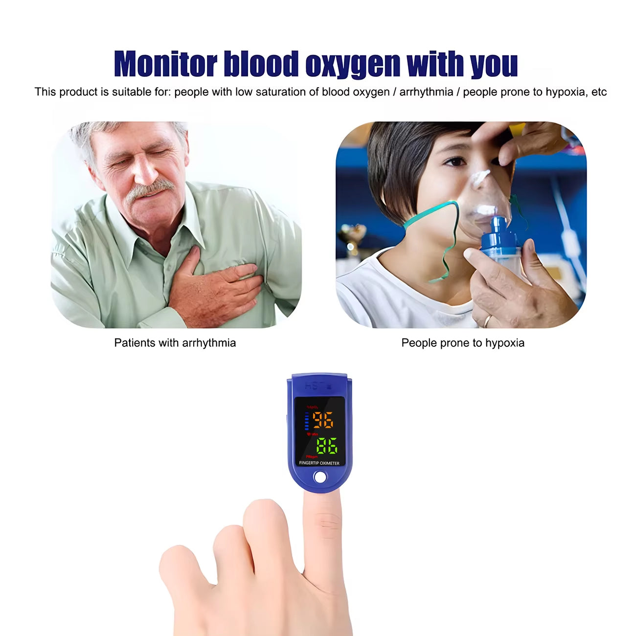 Fingertip Pulsoximeter | SpO₂- & Pulsmåling Med Display | Bærbar Én-Knaps Måleenhed | Vanero