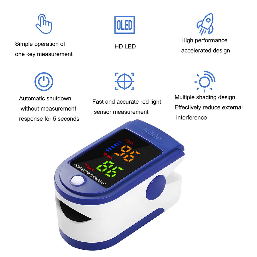 Fingertip Pulsoximeter | SpO₂- & Pulsmåling Med Display | Bærbar Én-Knaps Måleenhed | Vanero
