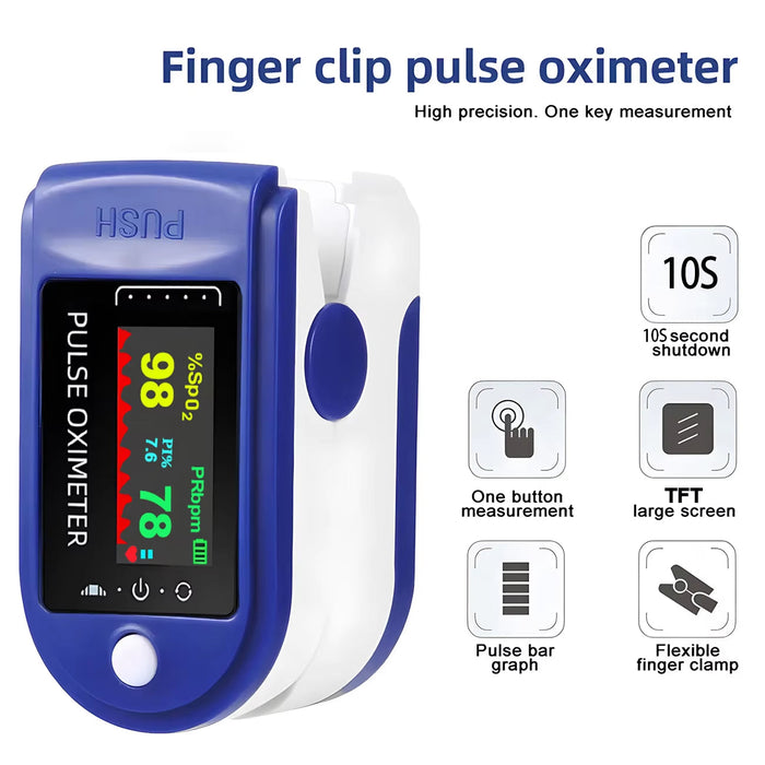 Fingertip Pulsoximeter | SpO₂- & Pulsmåling Med Display | Bærbar Én-Knaps Måleenhed | Vanero