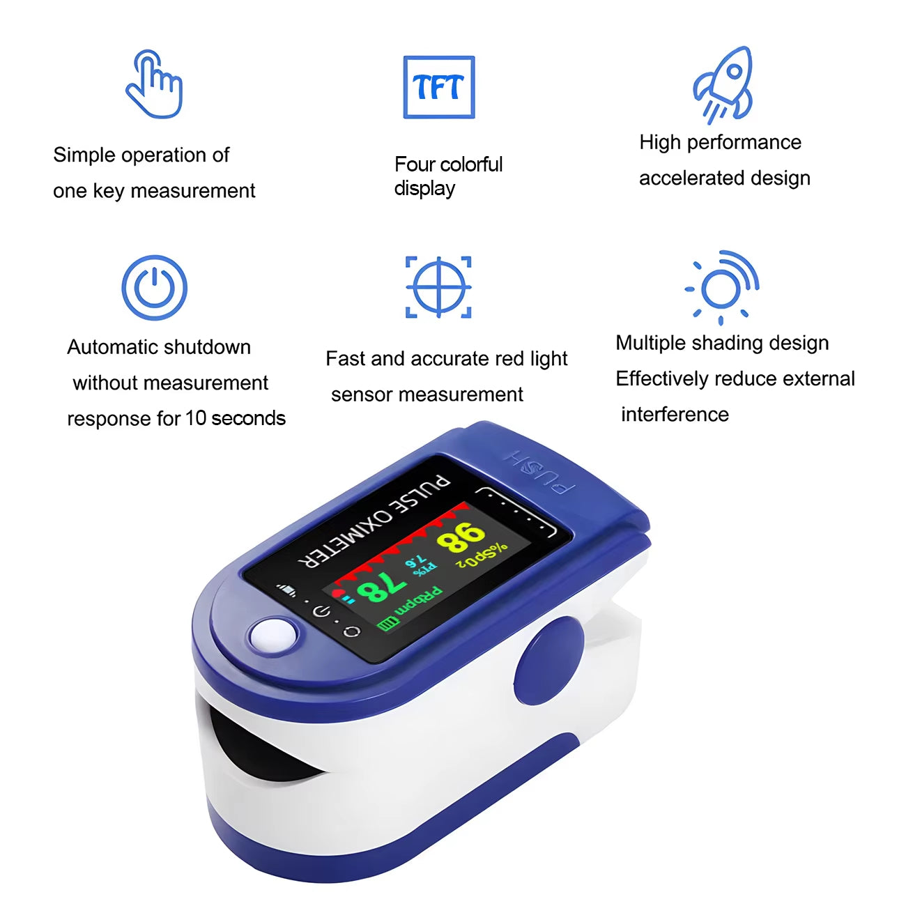 Fingertip Pulsoximeter | SpO₂- & Pulsmåling Med Display | Bærbar Én-Knaps Måleenhed | Vanero