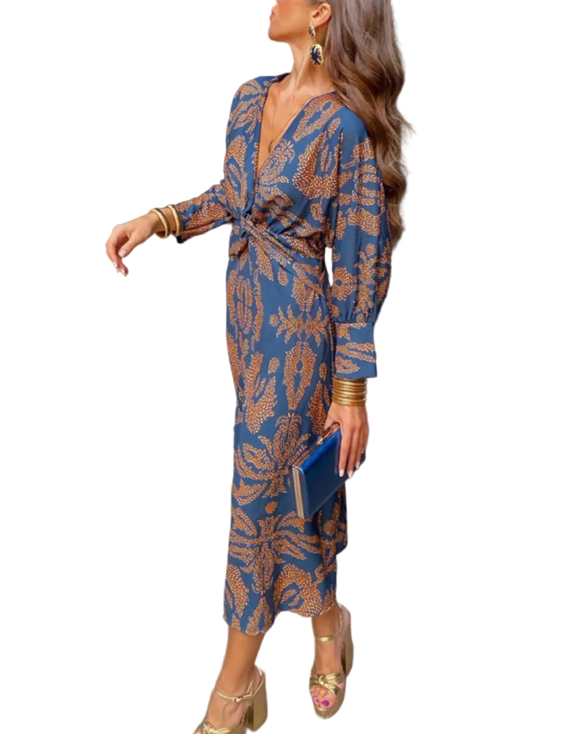 Damekjole Tekstilblanding | Relaxed Fit Maxi Kjole | Langærmet V-Hals Design til Hverdagsbrug & Sociale Anledninger | Vanero