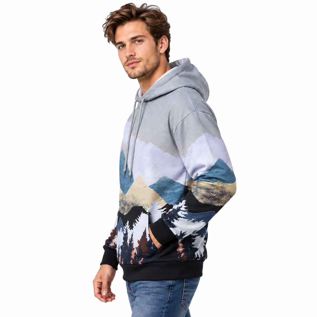 Herre Hoodie Med Naturprint | Hætte Med Snøre & Afslappet Pasform | Pullover Med Bjerg- & Skovmotiv Til Hverdag & Fritid | Vanero