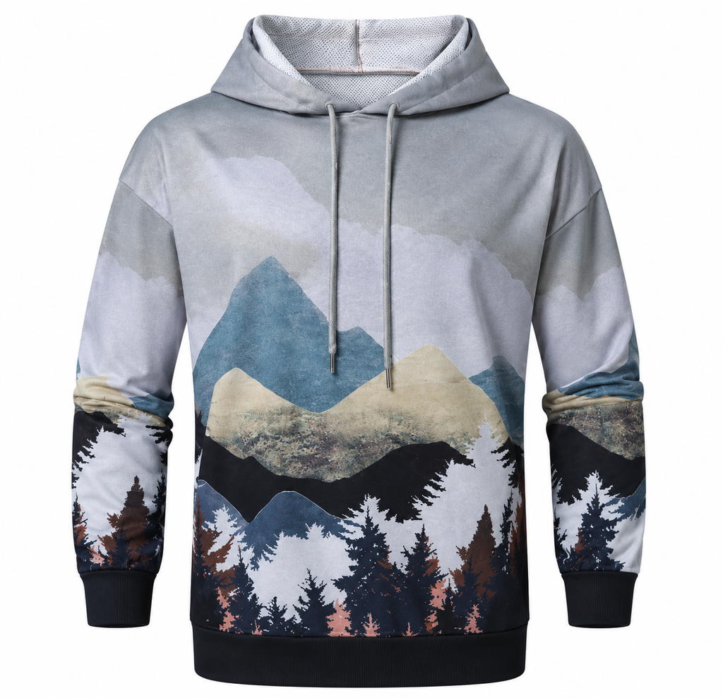 Herre Hoodie Med Naturprint | Hætte Med Snøre & Afslappet Pasform | Pullover Med Bjerg- & Skovmotiv Til Hverdag & Fritid | Vanero