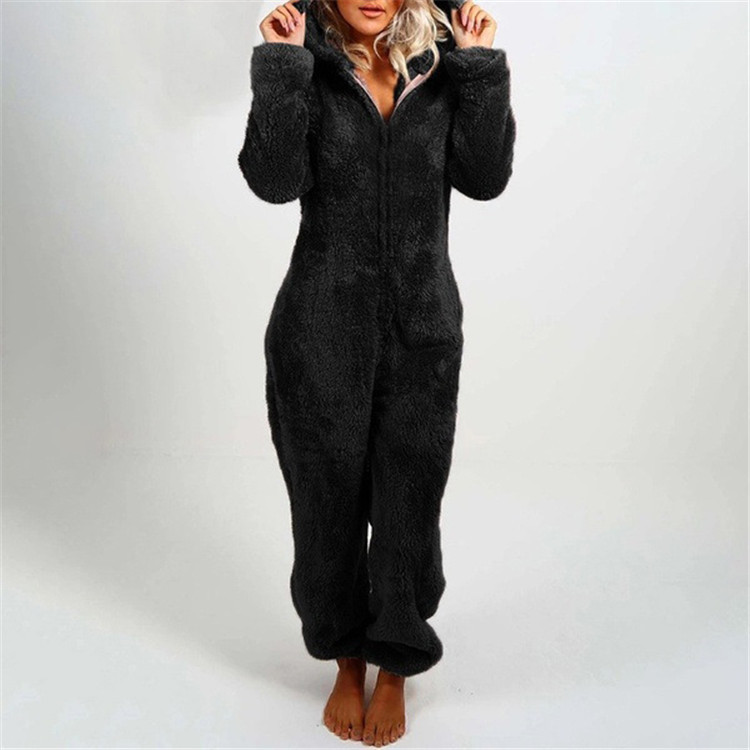 Dame Jumpsuit i Plys | Hætte & Lange Ærmer Med Lynlåslukning | Heldragt Til Vinter, Nattøj & Hjemmebrug | Vanero
