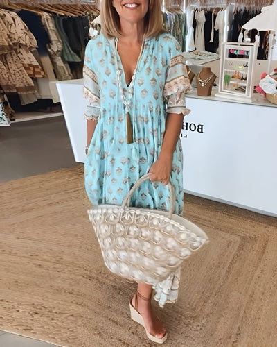 Boheme l Kjole med Print | 3/4 Ærmer | Let & Luftig l Vanero