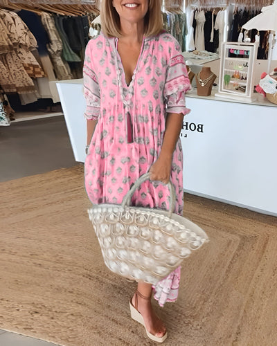 Boheme l Kjole med Print | 3/4 Ærmer | Let & Luftig l Vanero