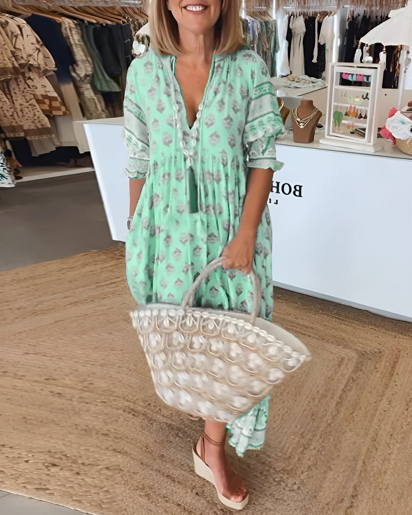 Boheme l Kjole med Print | 3/4 Ærmer | Let & Luftig l Vanero