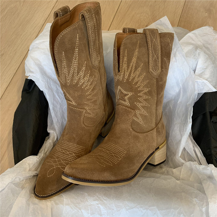 Dame Cowboystøvler PU-Læder | Slip On Western Fodtøj | Blokhæl Design Til Hverdag & Fritidsbrug | Vanero