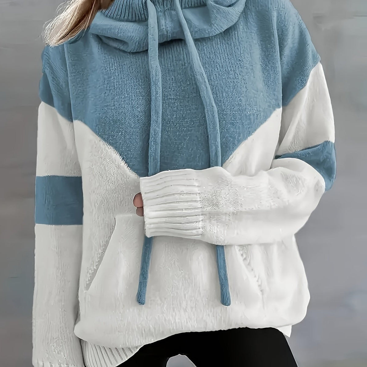 Strik-Hoodie Til Dame | Tofarvet Colorblock-Design & Kontraststriber På Ærmerne | Løs Pasform, Hætte Med Snor & Ribkanter | Vanero