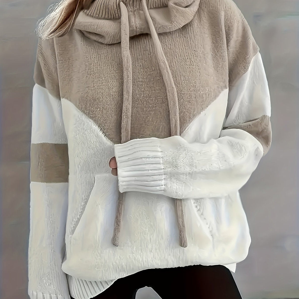 Strik-Hoodie Til Dame | Tofarvet Colorblock-Design & Kontraststriber På Ærmerne | Løs Pasform, Hætte Med Snor & Ribkanter | Vanero
