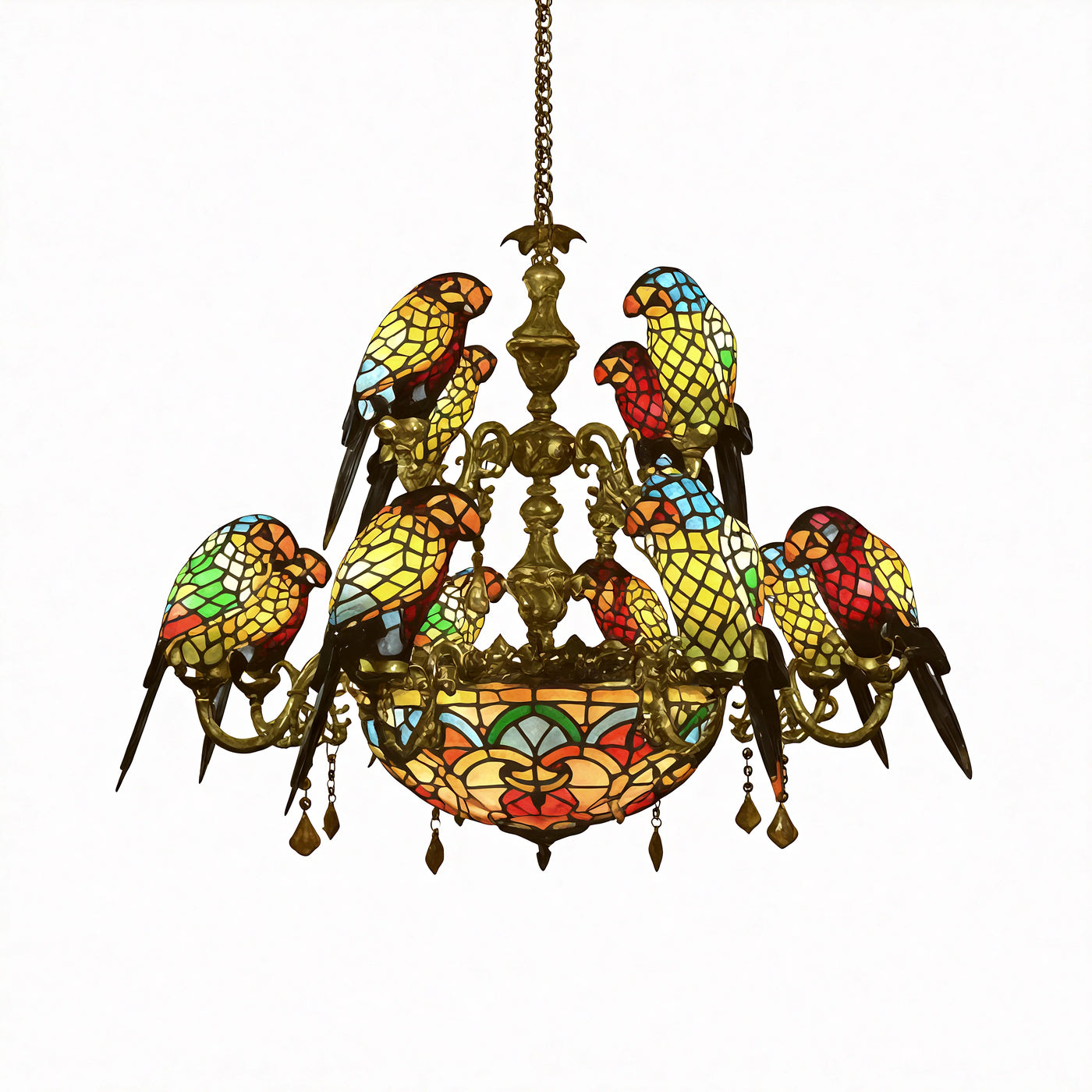 12 Arms Parrot Suspension Light Rustik Fint Glas Kranse Lys | Center Skål i Gul | Vanero