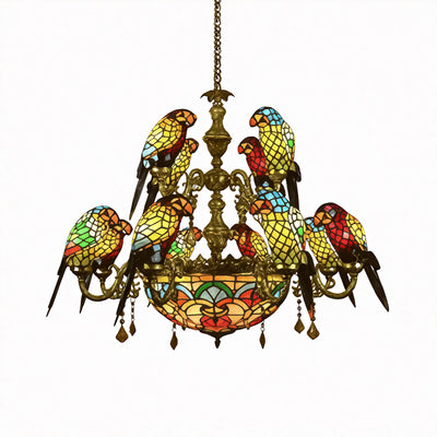 12 Arms Parrot Suspension Light Rustik Fint Glas Kranse Lys | Center Skål i Gul | Vanero