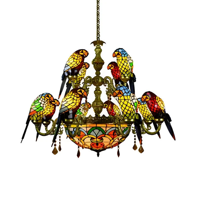 12 Arms Parrot Suspension Light Rustik Fint Glas Kranse Lys | Center Skål i Gul | Vanero