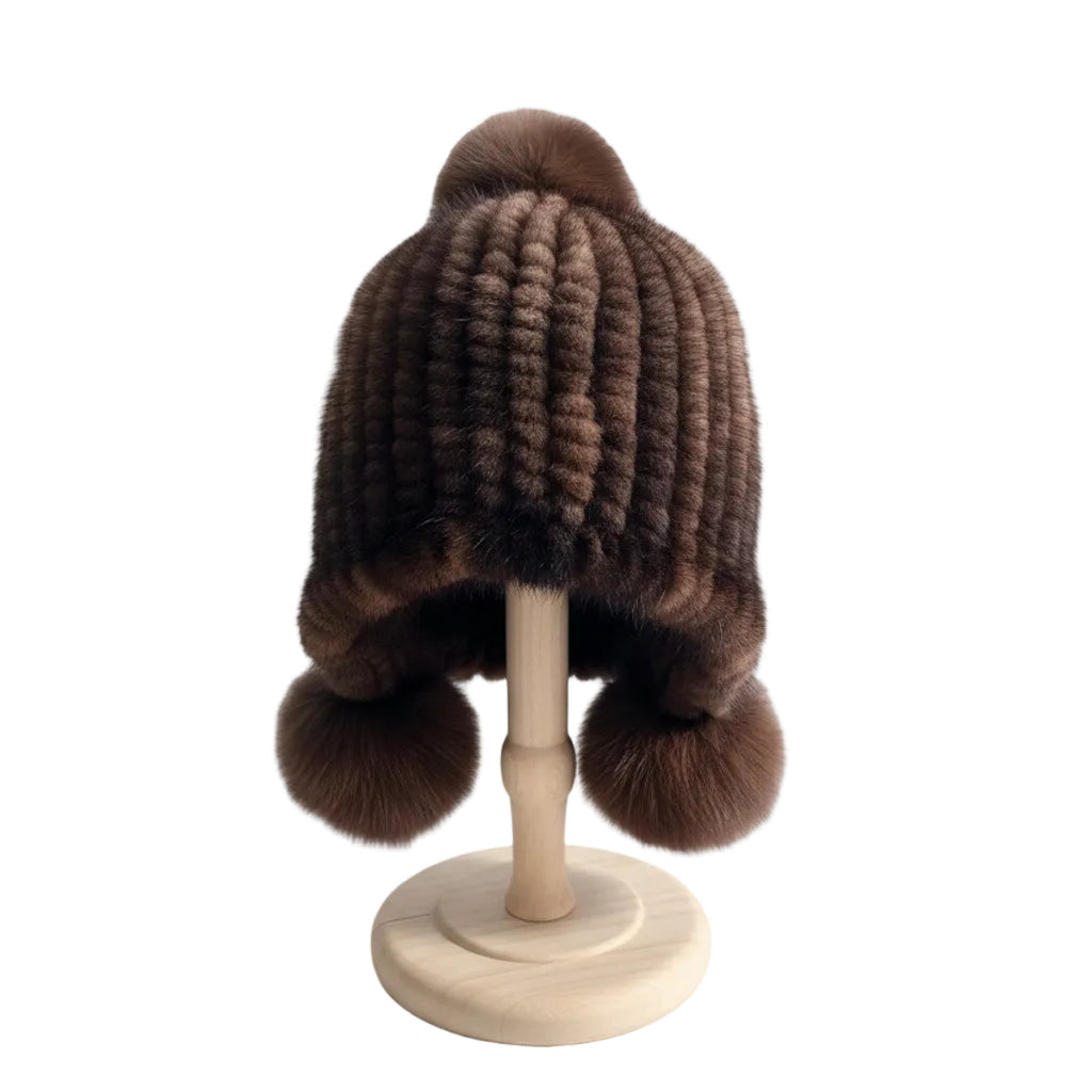 Dame Strikket Baret med Pelslook | Pompom-Detalje & Øredækning | Vinterhue Til Hverdagsbrug i Koldt Vejr | Vanero