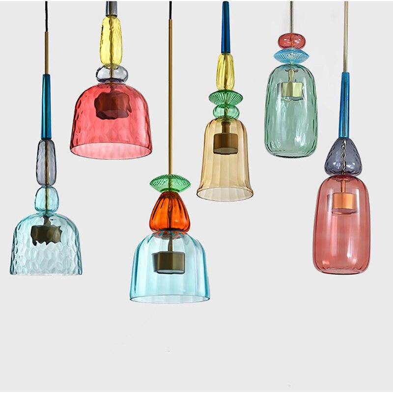 Pendellampe Med Farvede Glasskærme | Seks G9 Fatninger Og Justerbart Ophæng | Indendørs Loftbelysning | Vanero