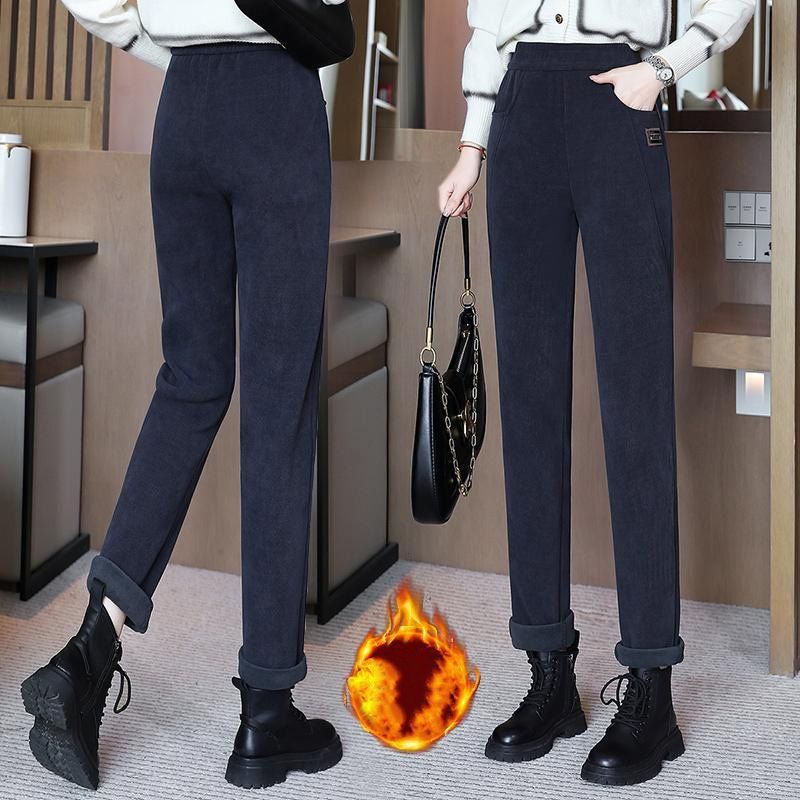 Dame Bukser Bomuldsvelour Med Fleecefor | Højtaljet Pencil-Leg Bukser | Isoleret Design Til Vinter & Hverdagsbrug | Vanero