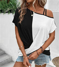 Asymmetrisk Colorblock-Top med Kolde Skuldre | Løs Pasform til Hverdagsbrug & Fritid | Vanero